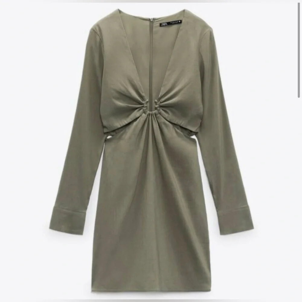 Zara * Stretchy Linen Blend Short Mini Dress Cut Out Green Olive L